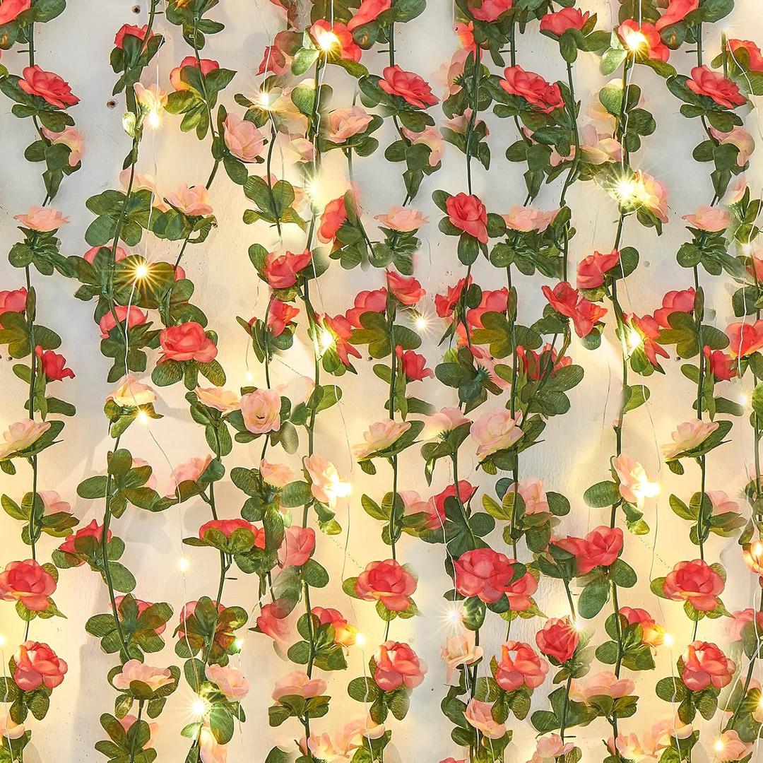 MARTINE MALL Flower Garland Rose Vines, 2 Strands 16.5Ft Flowers Vines for Bedroom with 16.5 Ft/50 LED String Lights, Hanging Flower Vines Floral Garland Decorations for Room Table Wedding Decor, 2 Packs