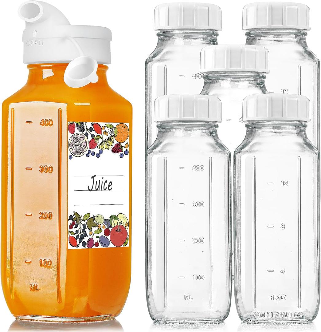 6 Pack 16 Oz Glass Juice Bottles with Pour Spout, 100% Airtight Heavy Duty SCREW Lid- Reusable Glass Milk Bottles w Capacity Mark, Square Drinking Jar Juice Container Breast Milk Pitcher(Extra 2 Lid)