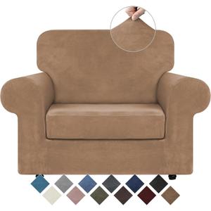 WEERRW Velvet Stretch Chair Sofa Slipcover - 2 Pieces Luxury Soft Velvet Plush Couch Cover Furniture Protector with Elastic Bottom for Pets, Machine Washable, Camel, Small