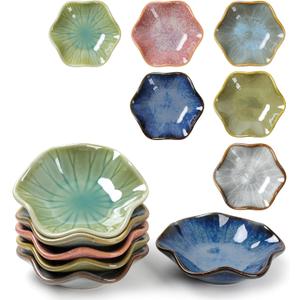 Dipping Bowls Set of 6, Ceramic Soy Sauce Dishes, 2 oz Dipping Sauce Cups, chrysanthemum Round Small Side Dish Dishes for Dipping Sushi Tomato Soy Sauce Dish Condiment Finger Bowls