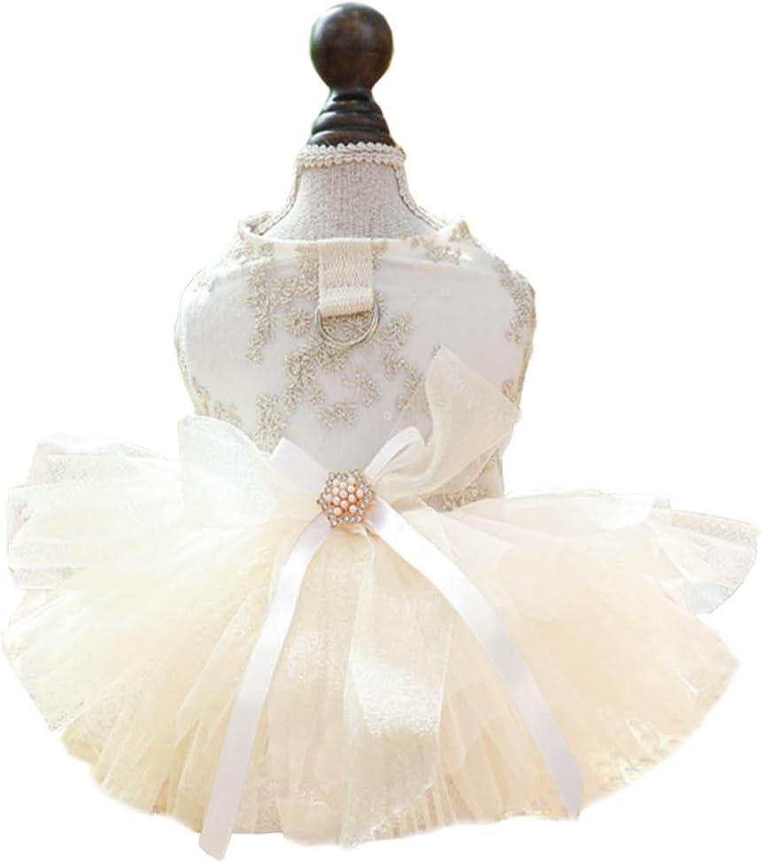 ANIAC Embroidered Dog Dress for Small Dog, Girl Puppy Princess Tutu Dress with Leash Ring, Cat Apparel, Chihuahua Yorkie Clothes for Birthday Wedding (X-Large, Champagne)