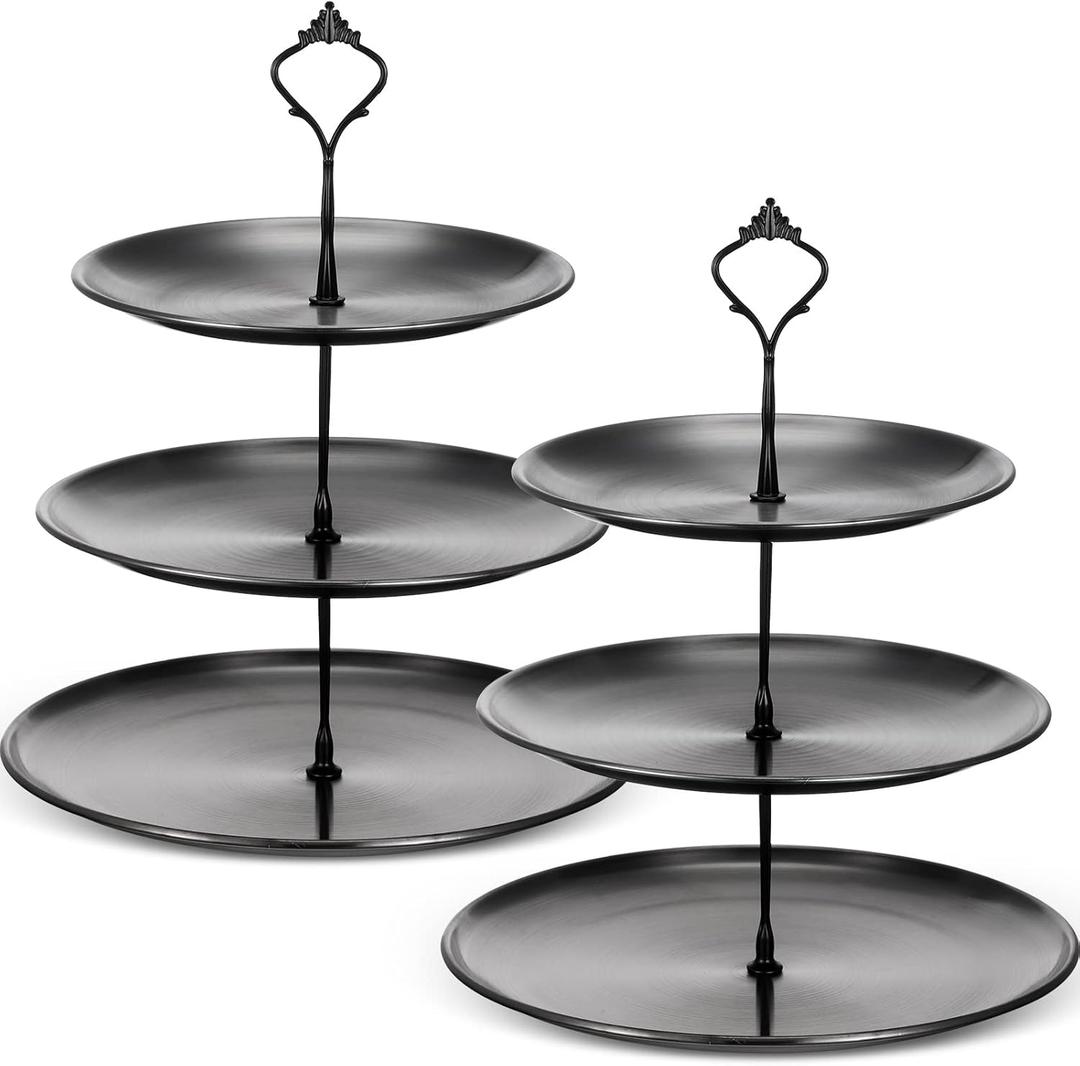 Gerrii Set of 2 Cupcake Display Stands 3 Tier Serving Tray Platters Stainless Steel Cup Cake Tower for Birthday Party Wedding Dessert Cookie Candy(Black)