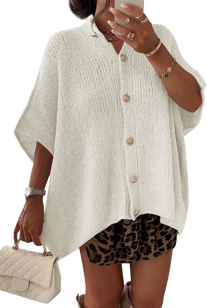 Saodimallsu Womens Oversized Cardigan Sweaters Short Sleeve Button Down Casual Lightweight Loose Knit Trendy Cardigans (Beige)