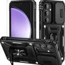 WRJ for Samsung Galaxy S25/Galaxy S24 Case with Slide Camera Cover and Screen Protector, Military Grade Protection [Rotated Ring Kickstand] Heavy Duty Shockproof Protective Cover-Black