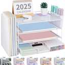 Desk Organizer and Accessories, 4-Tier Desktop File Organizer with Drawer and 2 Pen Holders, Office Desk Accessories, File Sorters, Workspace Organizers for Office Supplies(White)