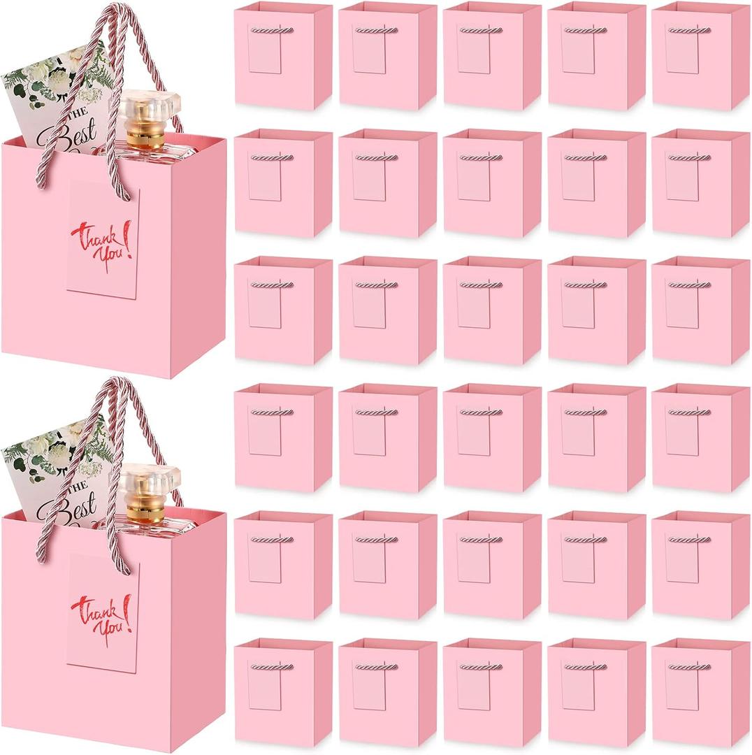 PerKoop 50 Pcs Mini Gift Bags Bulk with Handles Gift Tags Small Paper Bags for Valentine Birthdays Baby Showers Weddings Party Favors Supplies 4 x 2.75 x 4.5 Inch(Pink)