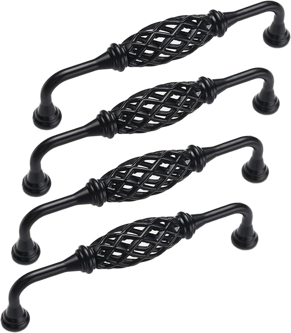 4PCS Birdcage Cabinet Hardware Handle Pull, Cast Iron Antique Door Handle Metal Barn Door Handle, Center Holes Handle for Kitchen Cupboard Bedroom Wardrobe Bathroom Drawer (128Black)