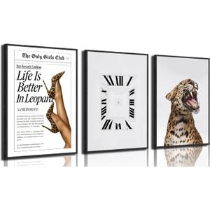 3Pcs Trendy Leopard Canvas Wall Art Vintage Newspaper Leopard Boots Paintings Pictures Fashion Preppy Wall Decor Abstract Clock Prints for Living Room Apartments Dorms Home Decoration 16x24in Unframed
