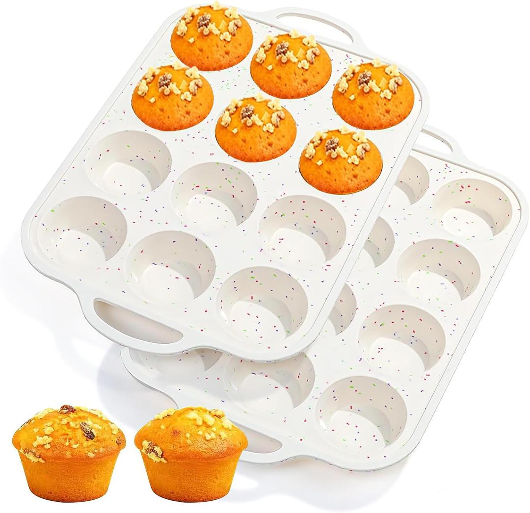 Fimary Silicone Muffin Pans for Baking 2 Pack, 2.8 Inch with Metal Reinforced Frame, Regular Size Nonstick Silicone Cupcake Pan 12 Cups for Baking Homemade Muffins, Cupcakes, Dishwasher Safe BPA Free