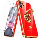 Compatible for iPhone 12 Case with 2 Pack Screen Protector, 360 Rotatable Ring Holder [Luxury Hearts Pattern] Plating Gold Edge Slim Soft Phone Cover Case for iPhone 12 - Red