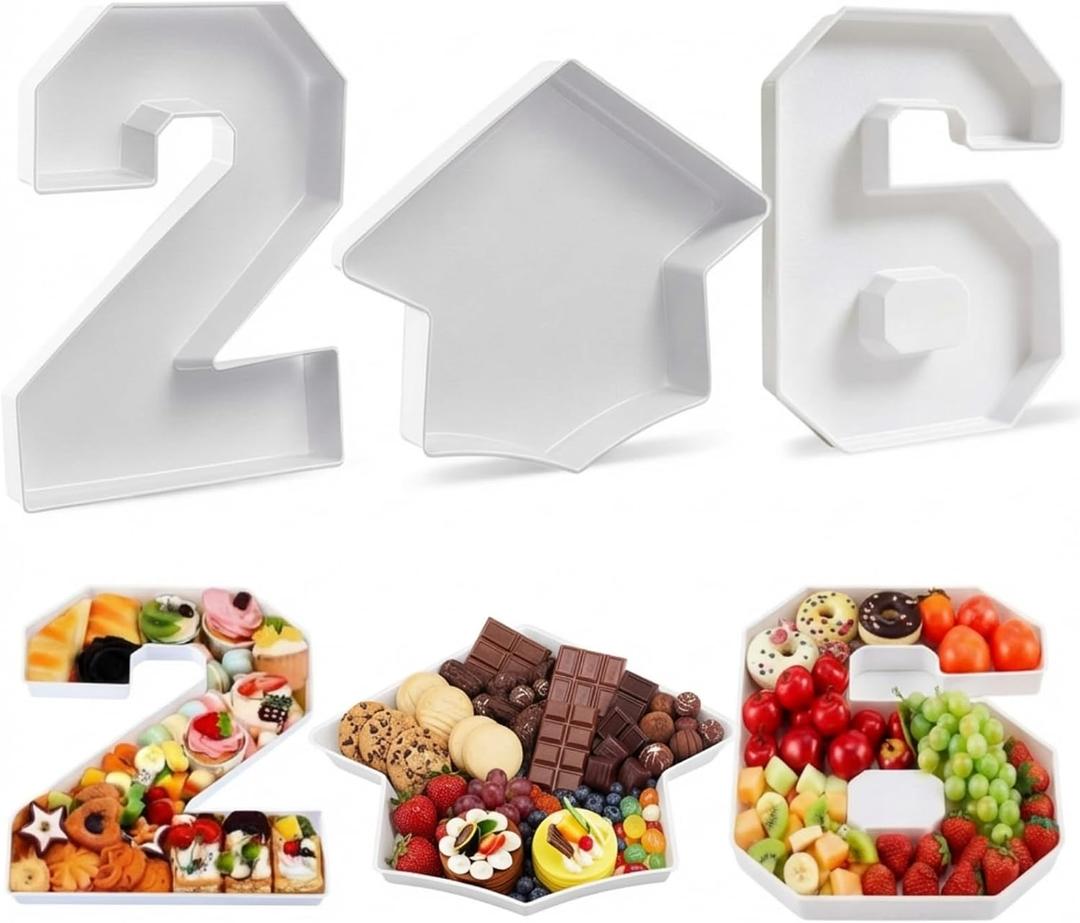 Tellingyou 3 Pcs 13.7" 2026 Graduation Fillable Letter, Plastic Number Trays for Food 2026, Charcuterie Number, Grad Fillable Letter for Class of Congrats Grad Party Supplies(2026,White)