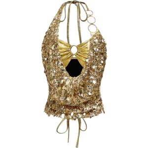 MakeMeChic Women's Metallic Glitter Sequin Halter Top Ring Linked Summer Y2K Party Tops Clubwear (Large, Gold)