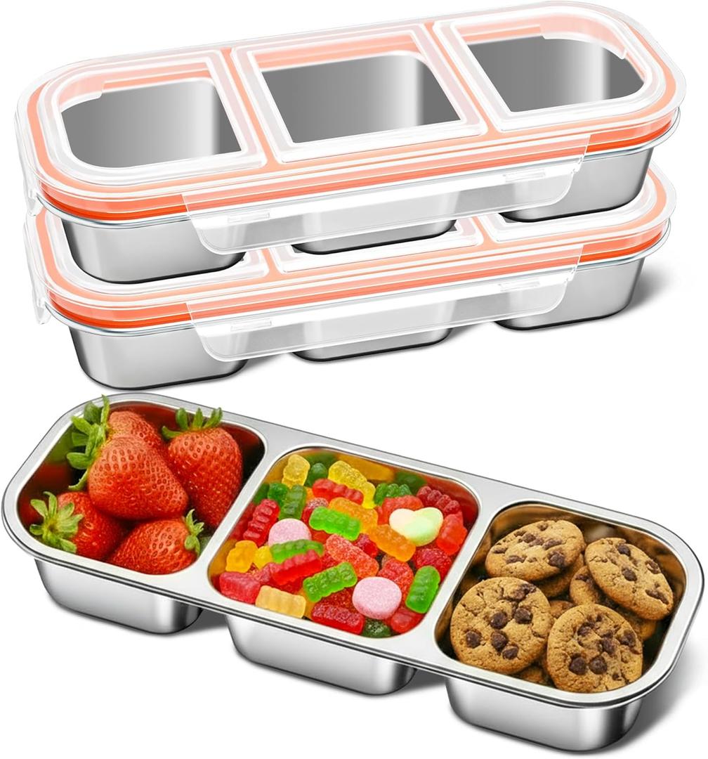 QCQHDU Snack Containers, Reusable Stainless Steel 3 Compartment Condiment Metal Bento Lunch Box with Lids, Divided Snack Food Storage Lunchable Containers for Home, Work, Travel, Camping, 3 Pack