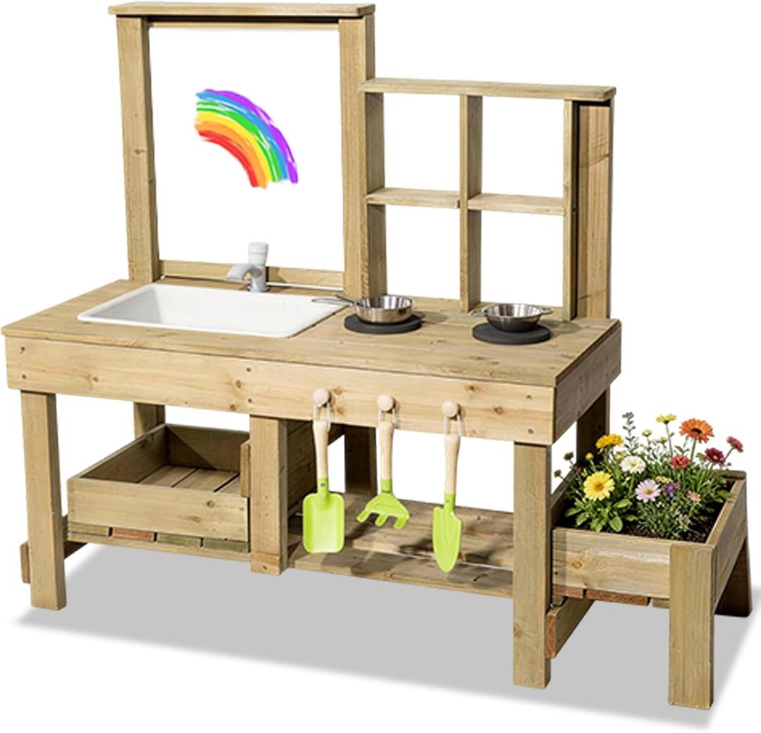 Mud Kitchen Playset for, Outdoor Wooden Toy Play Kitchen Set for Boys and Girls, Kitchen Accessories and Garden Sink with Faucet & Storage Shelves for Backyard Garden Toy (Natural), 47.2" x 18.5" x 39"