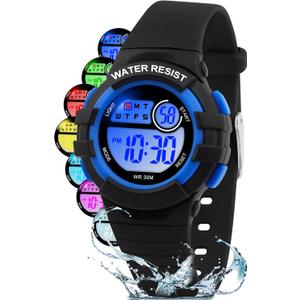 Juboos Kid's Digital Watch for Boys and Girls, Waterproof LCD Digital Sports Kids Watch with 7 Color LED Lights, Stopwatch, Alarm (Pitch black)