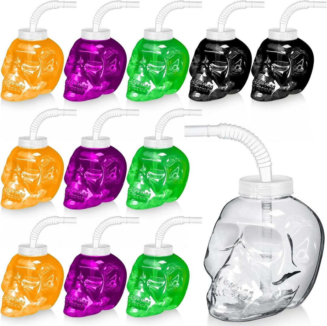Umigy 12 Pack Skull Shaped Cups with Straw and Lids - 17 oz Reusable Plastic Cups for Halloween Party Supplies, Birthday Events and Parties(Clear)