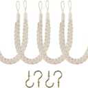 Home Queen Hand Braided Curtain Tiebacks, Buckle Holdback Drapery Curtain Tie Back, 4 Rope Cotton Belt Curtain Tie with 4 Metal Hooks, Off White