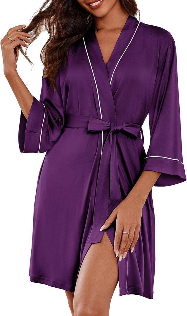 Ekouaer Women Kimono Robes Knee Length Knit Bathrobe Lightweight Soft Sleepwear V-neck Casual Ladies Loungewear Large