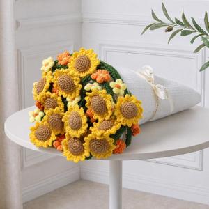 Knitted Flower Throw Floral Bouquet Blanket, 43inch Handmade Crochet Blanket with Sunflowers, Cute Romantic Gift for Her Girlfriend Mom Mothers Day Valentine Wedding Anniversary Birthday, Yellow