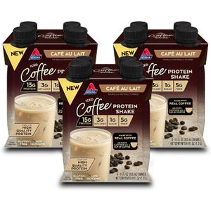 Atkins Caf au Lait Iced Coffee Flavored High Protein Shake, Low Sugar and Low Carb, Keto Friendly, Ready to Drink Protein Drink, Gluten Free, 12 Count (EXP 08/12/26)