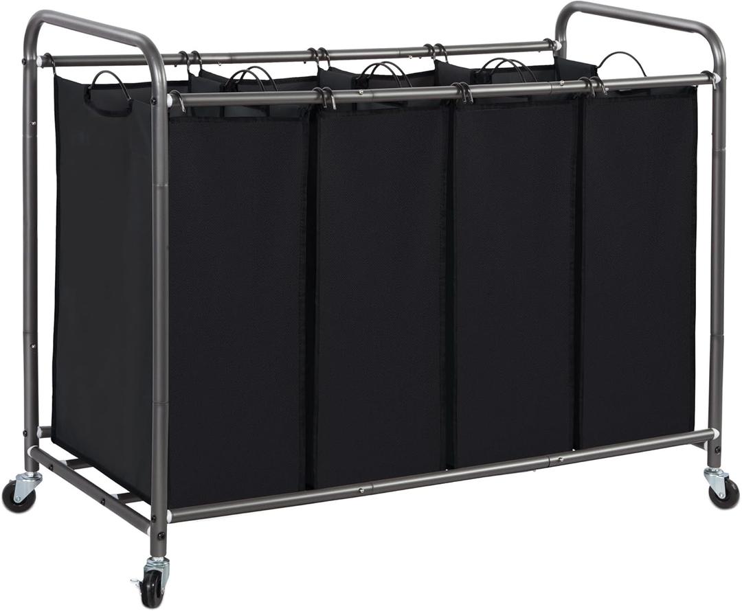 STORAGE MANIAC Laundry Sorter 4 Section, 47.8 Gal (181 L) Laundry Hamper with Wheels, Clothes Divider Basket Sorter, Clothes Separator Hamper Cart with Wheels and Removable Bags, Black
