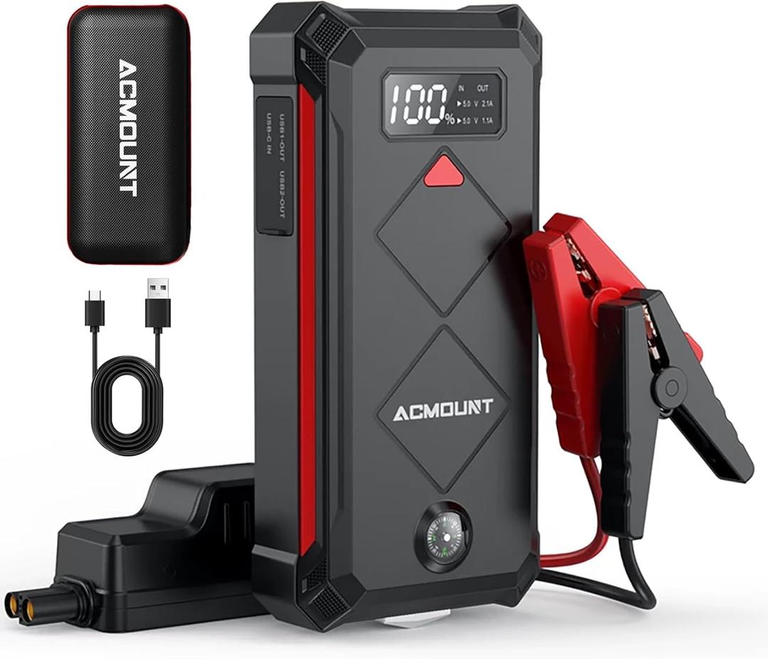 Acmount P100 Car Jump Starter, 5000A Peak Lithium Jump Starter Battery Pack for Up to 10.0L Gas or 8.0L Diesel Engine, Safe 12V Portable Battery Starter Power Pack with LED Screen & LED Light