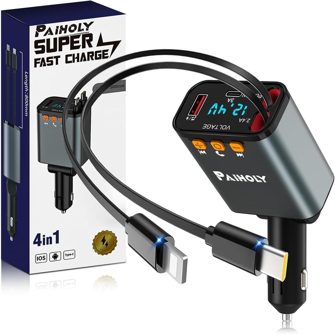 [2025 Compact] Bluetooth 5.3 Car Adapter, FM Transmitter Bluetooth Car Charger, 4 in 1 Retractable Car Charger for Phone, USB C Fast Charging Adapter for RV SUV Truck, iPhone 17/16/15/14