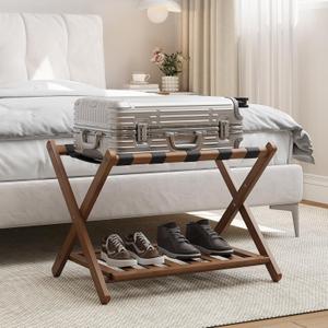 Smart FENDEE 26.77 Fully Assembled Dark Walnut Luggage Racks with Folable Storage Shelf, 5 Heavy-Duty Straps Bamboo Suitcase Stand, Luggage Holders for Guest Room, Bedroom, Hotel
