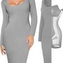 Popilush Dress Long Sleeve Midi Bodycon Dresses for Women Square Neck Shapewear Tummy Control Built-in Bra Party (3X-Large), Gray