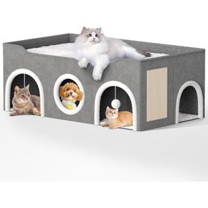 Top Bed Three Rooms Cat Condos,All-in-1 Extra-Wide Cat House for IndoorMulti Cats Puppy Family, Large Cat Cave for Pet House with Fluffy Ball Hanging and Scratch Pad, Foldable Hideaway