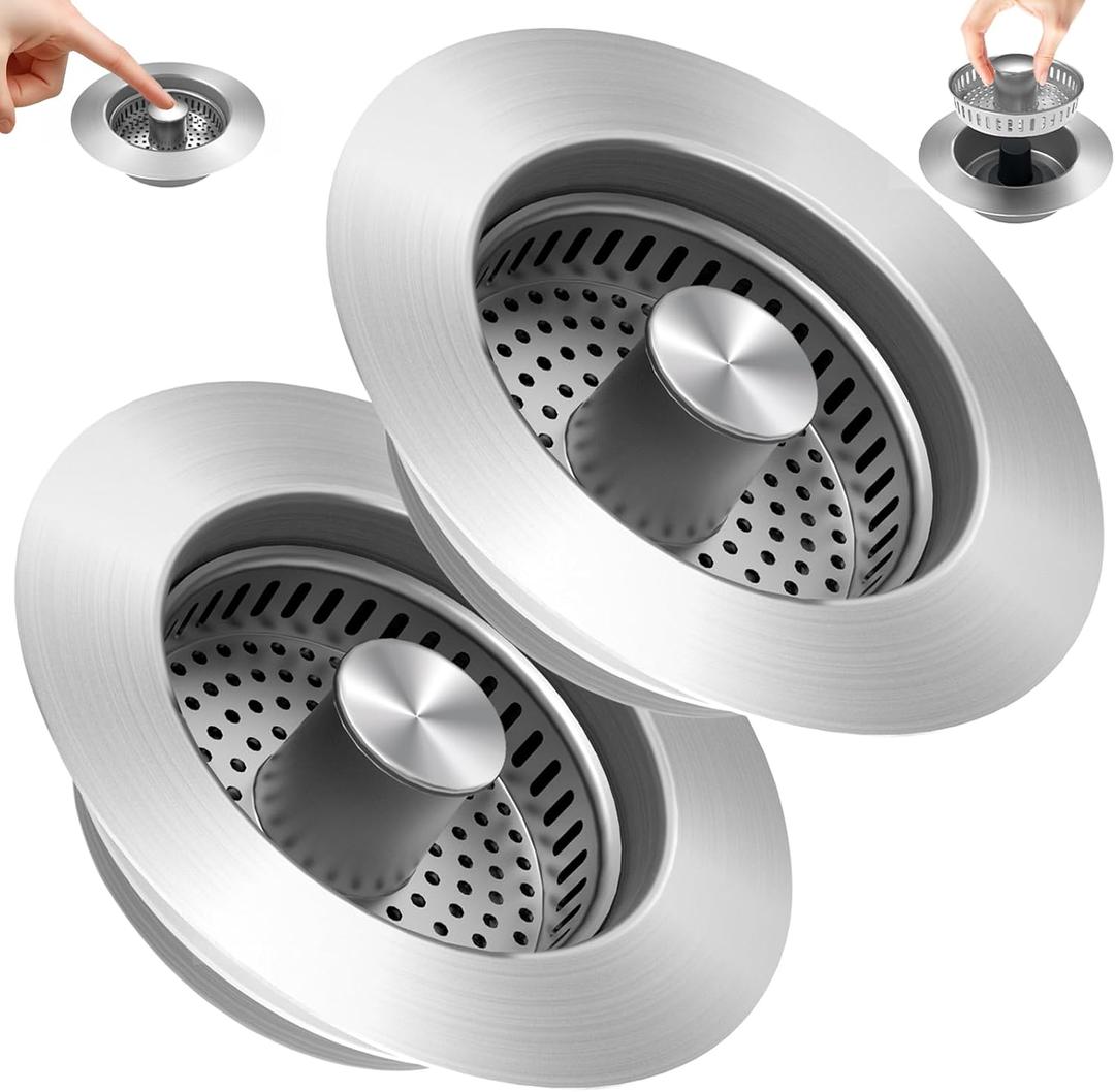 3 in 1 Kitchen Sink Drain Strainer Sink Stopper, Stainless Steel Sink Drain Strainer with Anti-Clogging Basket, Kitchen Sink Drain Filter Plug for US Standard 3-1/2 Inch Drain (2Pack)