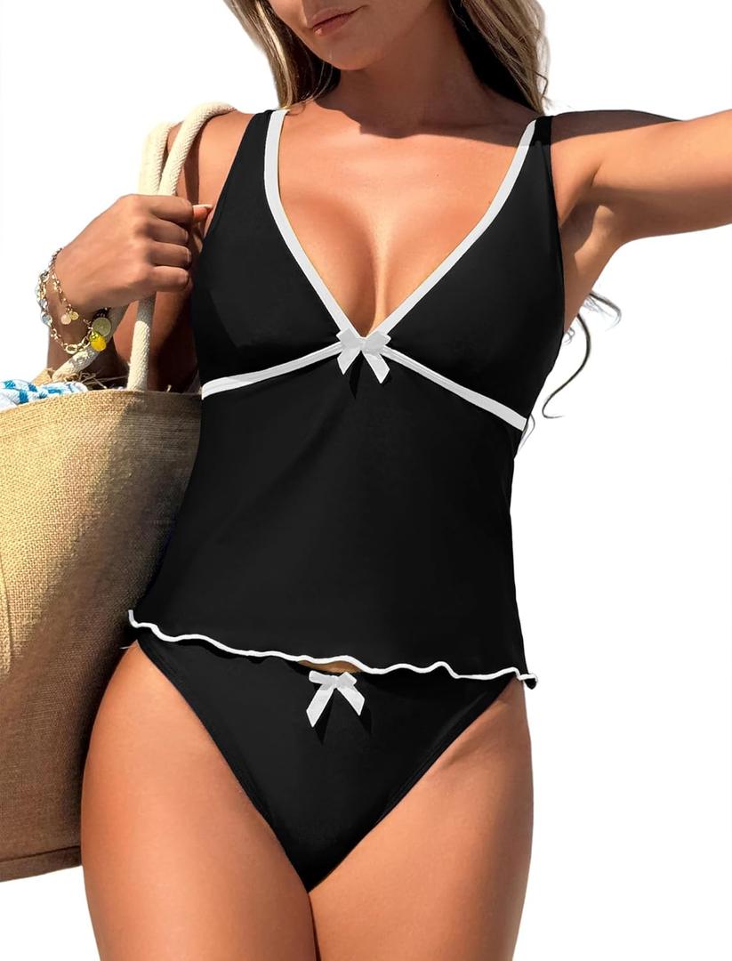 ZAFUL Women's Tankini Swimsuits V Neck Tummy Control Bow Color Block Two Piece Swimsuit Bathing Suit (X-Large, 1-black)