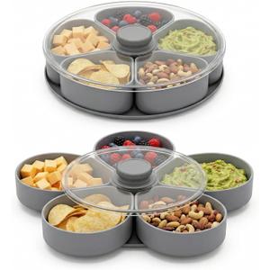 Divided Serving Tray that Spins, 5-Compartment Twist-to-Open Snack Tray with Lid, Expandable Party Platter for Fruit, Candy, Nuts, Veggies and Dips, Gray