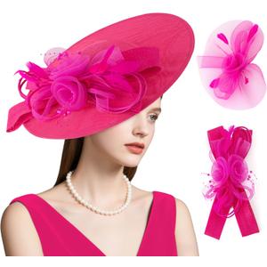dressfan Wide Brim Fascinator Derby Hats for Women,20s Detachable Flower Hat with Headband for Derby Church Wedding Tea Party (Pink)
