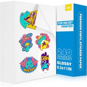 QYH Sticker Paper Printable Vinyl for Inkjet Printer - 240 Sheets White Glossy Sticker Papers 8.5x11 In Label Stickers for Cricut/Silhouette Waterproof Dries Quickly & Tear Resistant Easy to Cut