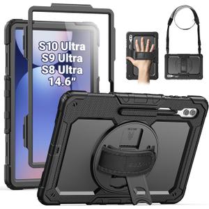 SEYMAC for Samsung Galaxy Tab S10 Ultra 2024/ S9 Ultra/ S8 Ultra Case 14.6 Inch, Heavy Duty Shockproof Protective Case with Screen Protector, Stand, Hand/Shoulder Strap and Pen Holder, Black