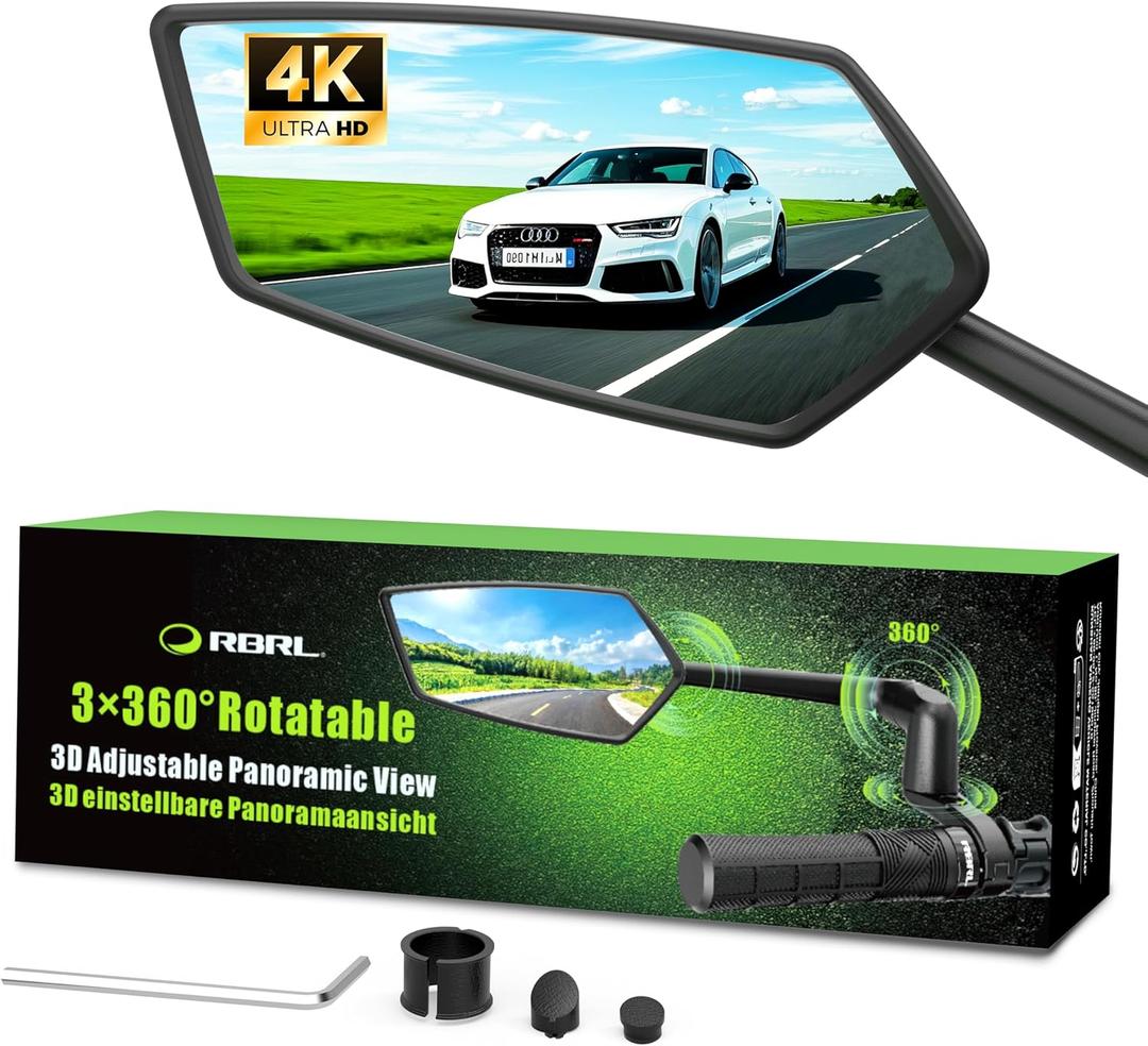 RBRL Bike Mirror, 3D Adjustable Arm for Extended Reach, Aluminum Alloy Anti-shake Bicycle Rearview Mirrors, 360 Panoramic Rearview, Wide Angle Shatterproof & Foldable E-bike Mirror(left)