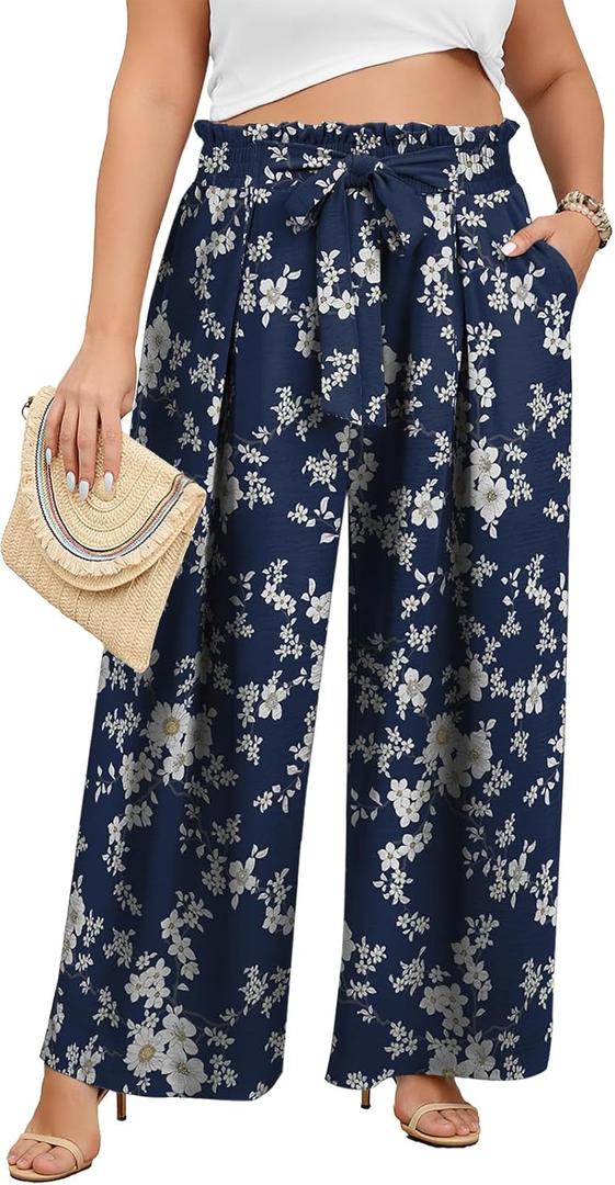 Lastshe Women's Plus Size Pants Wide Leg Work Casual Palazzo Pants Elastic High Waisted Dressy Trousers with Pockets 3X