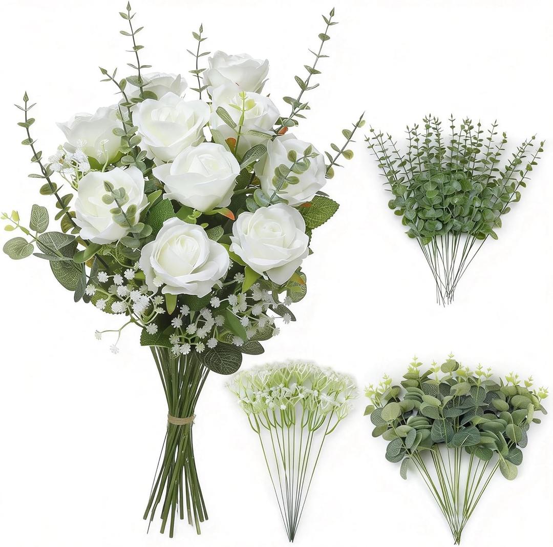 4 Kinds 60PCS Silk Rose Artificial Flowers Eucalyptus Stems, Fake Flower Suitable for Vase Bedroom Kitchen Decor Home Party Table Wedding Decor DIY Floral Decoration