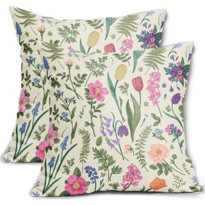 Spring Floral Pillow Covers 22x22 Inch Set of 2 Watercolor Pink Flowers Sage Green Leaves Vintage Botanical Plants Print Decorative Throw Pillows Seasonal Pillow Cases Couch Bed Sofa Decor