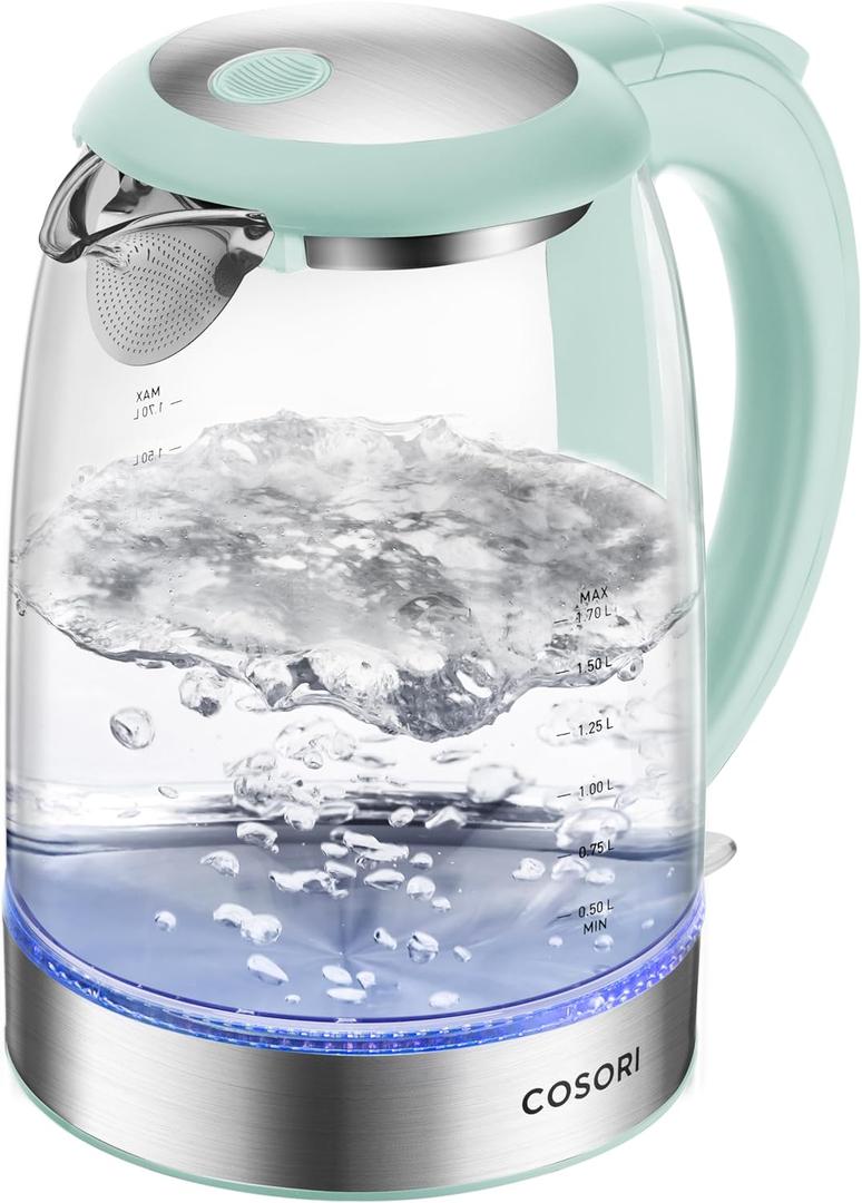 Cosori Electric Kettle, No Plastic Filter & Spout, Tea Kettle & Hot Water Boiler For Coffee & Tea, Water Heater & Teapot, Automatic Shut Off, Borosilicate glass, Green, 1.7L/1500W (1.8 Quarts)