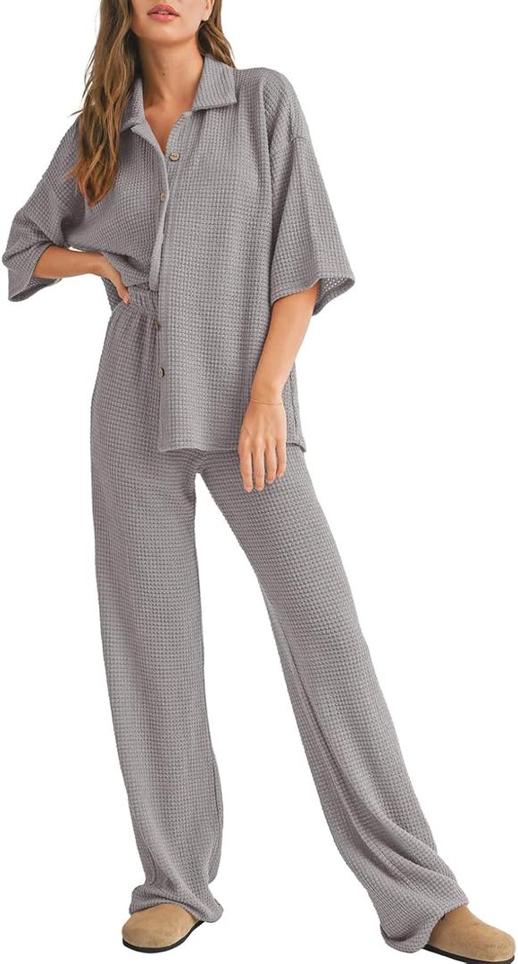SHEWIN Women's 2 Piece Outfits Waffle Knit Lounge Sets Casual Short Sleeve Button Down Sleepwear Pajamas Set (Grey) S 