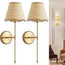 Natural Rattan Wall Sconces Set of 2, Boho Hand-Woven Wall Mounted Light Fixture Decor with Rattan Lampshade Sconces for Home Bedroom Living Room Hallway Kitchen Stairs(Gold)