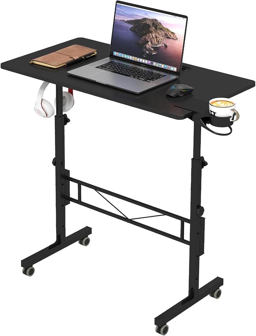Hadulcet Small Standing Desk Adjustable Height, Mobile Stand Up Desk with Wheels, Portable Walking Pad Table Stand, Rolling Laptop Cart for Standing or Sitting, Black, Basic