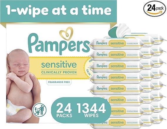Pampers Sensitive Baby Wipes, Unscented, Fragrance Free, Clinically Proven, Water Based, Hypoallergenic, Multi-Use, Hand Wipes, 1344 Wipes Total (24X Flip-Top Packs)