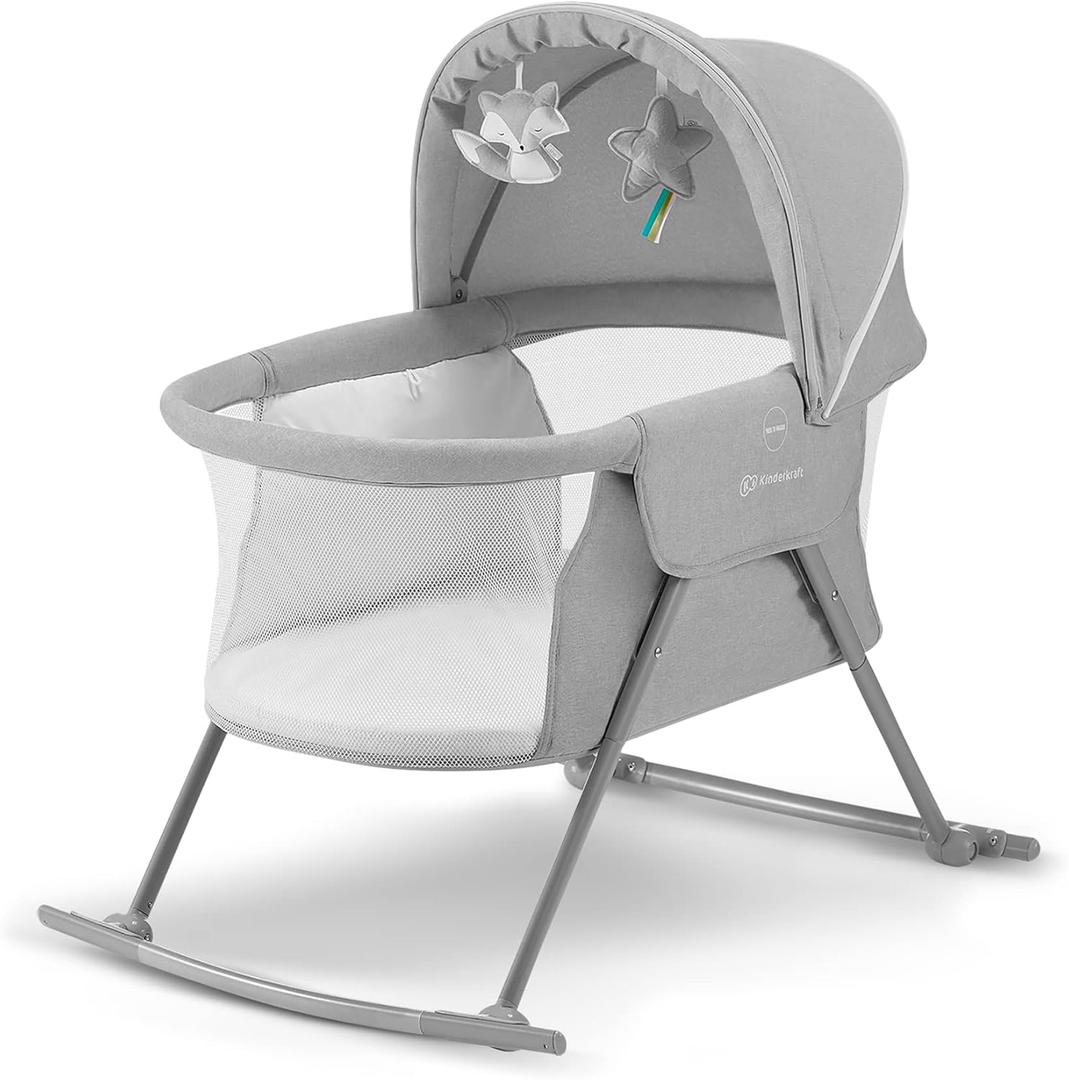 Kinderkraft LOVI 3-in-1 Portable Baby Bassinet & Crib  Travel Cot, Rocking Sleeper & Bedside Bassinet for Newborns, Lightweight & Foldable with Mosquito Net and Carry Bag (Grey)