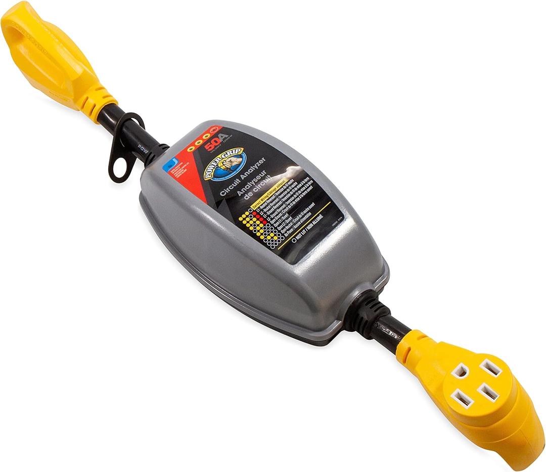 Camco PowerGrip 50-Amp Camper/RV Circuit Analyzer Dogbone | Features Integrated Surge Protection Up to 4200 Joules & Diagnostic LEDs for Fault Indication (55319)