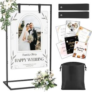 Wedding Welcome Sign Stand, Adjustable Sign Stand Includes Custom Design & Leather Sign Hanging Straps, Heavy Duty Metal Floor Standing Easel Stand, Welcome to Our Wedding Sign Holder (Black)