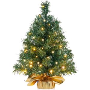 JOIEDOMI 24"/2FT Small Tabletop Christmas Tree with LED Warm Lights, Table Top Christmas Decorations Pre-lit Artificial Xmas Tree, Green Mini Tree for Christmas Decorations Indoor Xmas Party Dcor