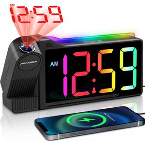 Peakeep Projection Alarm Clock for Bedroom Ceiling, Loud for Heavy Sleepers, RGB Nightlight Multi-Color Large Display 5 Brightness Dimmer, Plug in Bedside Electric LED Digital Clock with USB Port